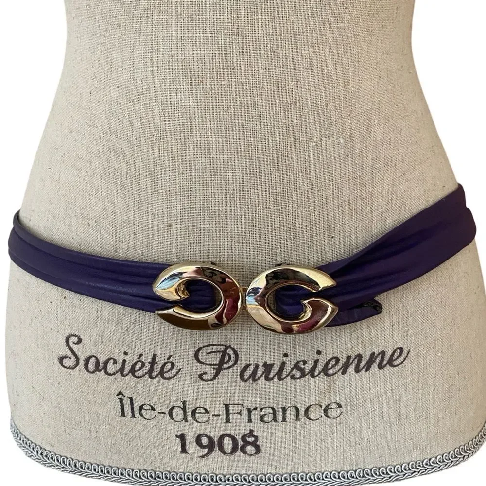Vintage Purple Leather Belt With Golden Clasp